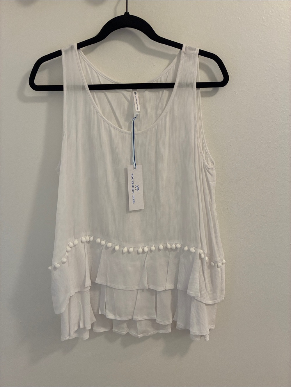 Southern Tide White Pom-Pom Tiered Ruffle Camisole